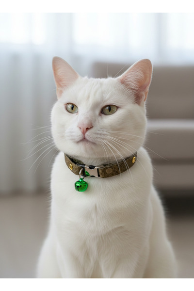 balkonda Cat Collar Leash Adjustable Genuine Leather Green with Bell