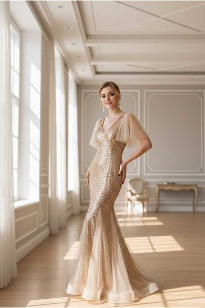 JustFab ✨Gold Sequin Mermaid Evening Dress with Sheer Sleeves✨