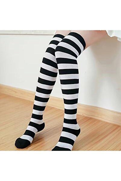 FG KONNİCHİWA Black-White Above Knee Striped Socks