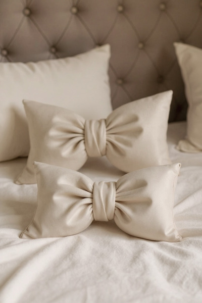 JACA Set de 2 perne decorative din țesătură de in, cu aspect de fundă, cu pan...