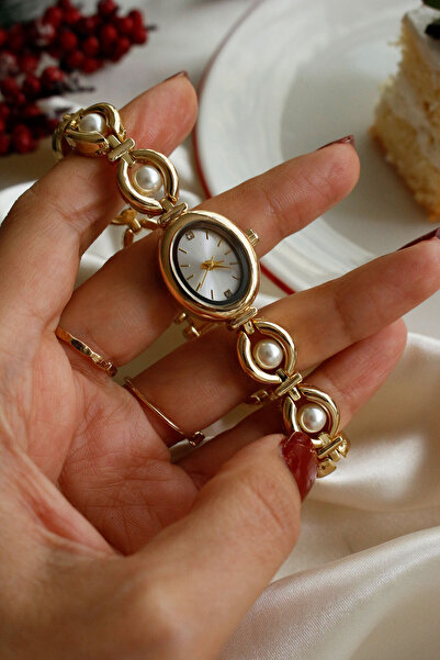 KOMBİNOLOJİ İnci Gold Oval Metal İncili Kol Saati 21(beyaz kadran)