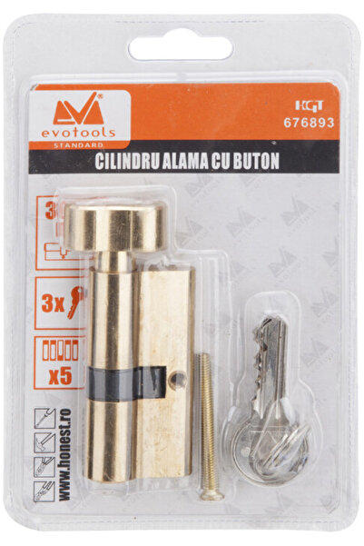 Evotools Brass Cylinder with ETS Button - Brass Color Type Centered 60 mm Centered Brass 30+30 mm 60 mm 3