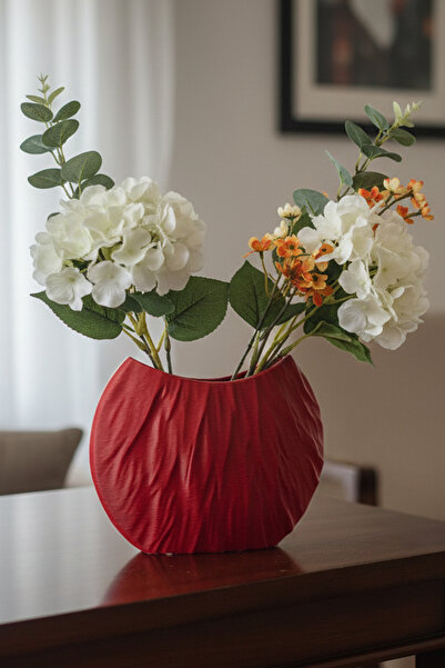 MEK Vază decorativă modernă din plastic cu linii ridate, roșu (17x22cm)