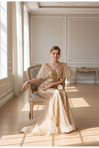 JustFab ✨Gold Sequin Mermaid Evening Dress with Sheer Sleeves✨