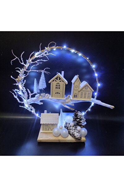 Yellow Tulip Christmas decoration/arrangement circle 30 cm, wooden houses, LED installation