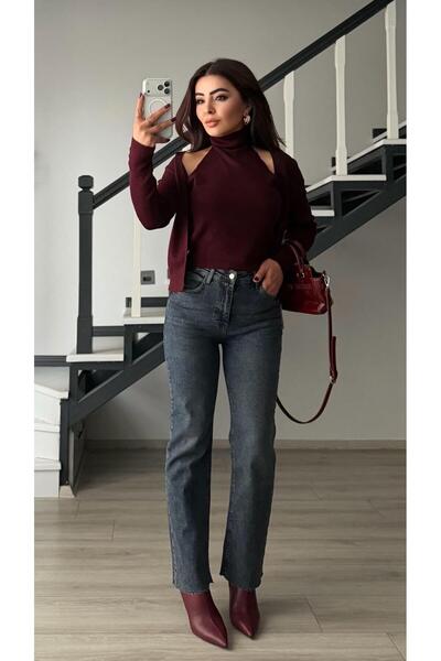 Oslove Burgundy Self-Tie Turtleneck Detailed Knit Cardigan