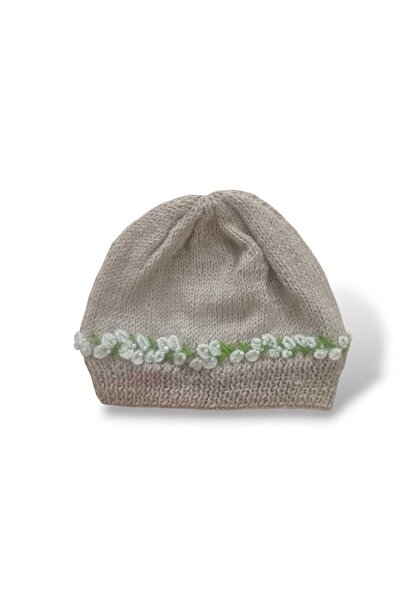 Tokuşka Knitted Embroidery Flower Pattern Pearl Bead Embroidered Women's Winter Beanie