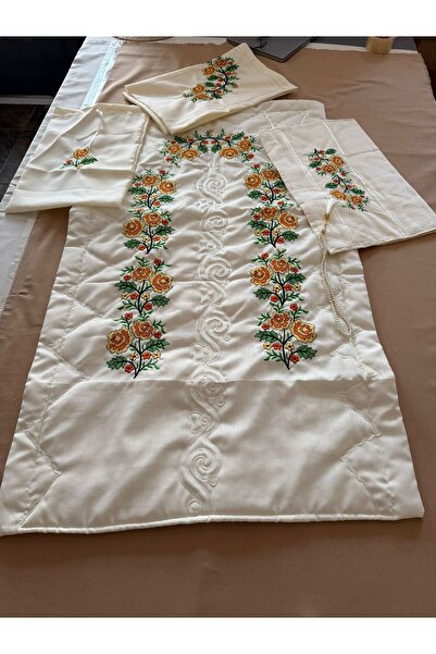 TUTUYA TEXTIL KETEN KUMAŞ KANAVİÇE İŞLEMELİ SECCADE TAKIMI 4 PARÇA SET DAMAT GELİN BOHCA TAKIMI