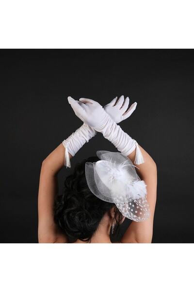 Limelia White Polka Dot Bridal Cap and Tassel Detailed Wedding Gloves