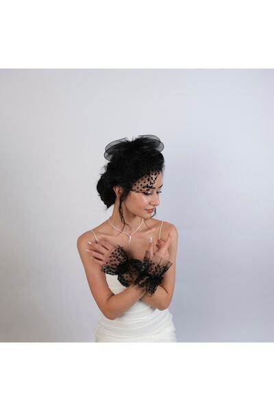 Limelia Black Polka Dot Bridal Gloves and Bridal Hat Set