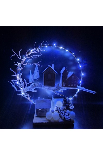 Yellow Tulip Christmas decoration/arrangement circle 30 cm, wooden houses, LED installation