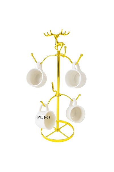 PUFO Golden metal Ellegant holder for mugs and cups- holder with 6 hooks for storage