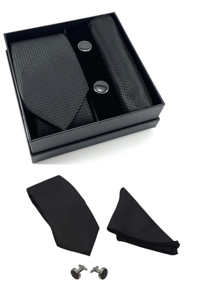 pazarella Kravat Düğme Set Siyah Desenli Kravat Mendil Kol Düğmesi Özel Set