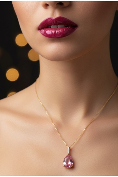 stainless steell gold renk sıra taşlı pembe damla model sf zincir çelik kolye