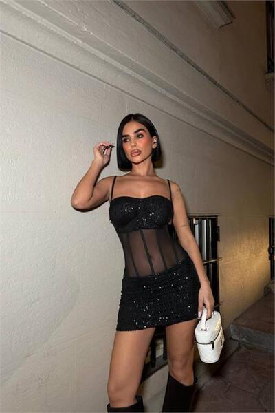 Neşeli Butik Women See-Through Detailed Strap Sequin Mini Evening Dress Nbdf178