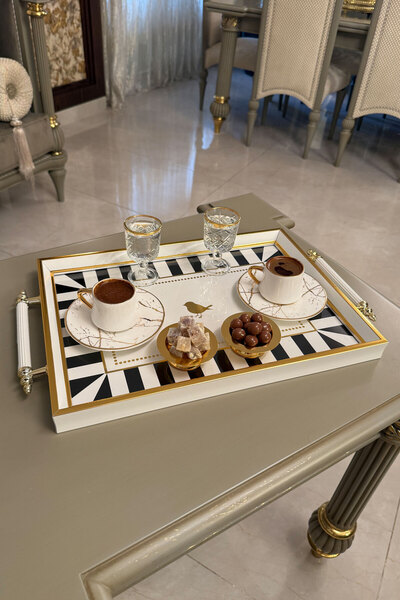Mutfiko Luxury Gold-Framed Glass Serving Tray – Premium Wooden-Edged Presentation Tray 46×28