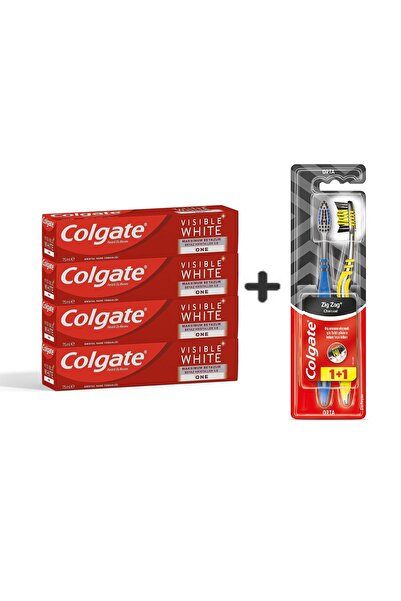 Colgate Visible White Maksimum Beyazlık 75ML x 4 Adet + Zig Zag Charcoal 1+1 Orta Sert Diş Fırçası