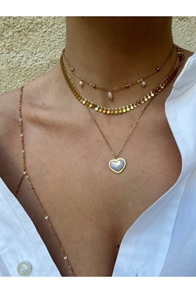 pop up store Heart Detail Triple Chain 100% Steel Necklace Set