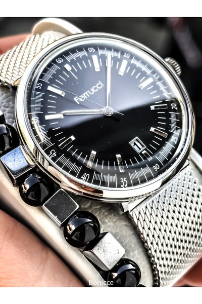 Ferrucci Men's Watch, Silver Color Mesh Steel Band, Stylish Box with Calendar, Bracelet Gift
