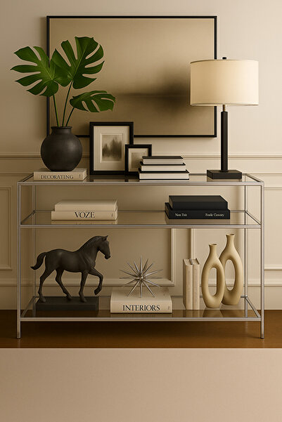 AVİBO HOME Peru Metalik Gri Dresuar Kahve Köşesi Modern Konsol 100 cm Şeffaf Cam