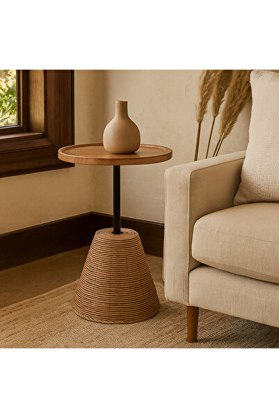 Vi Markets Brown Wooden Serving Table with Beige Ceramic Bases