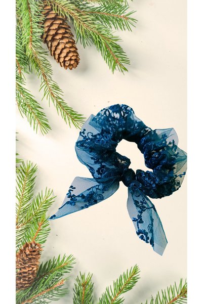 chibi Navy Blue Lace Scrunchie Rubber Band - Bagel Hair Tie with Ribbon Detail