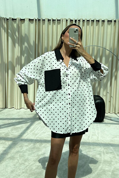 Qaju Women's Heart Patterned 100% Cotton Oversized Shirt