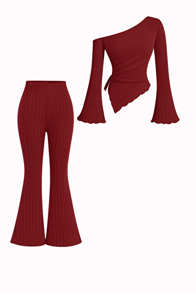 poswicon Burgundy Ribbed Asymmetrical One Shoulder Spanish Sleeve Blouse & Hi...