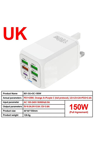 First pro 150W 6-Port Fast Charger UK Plug – Multi-Device Mobile & Travel Charging Adapter (White)