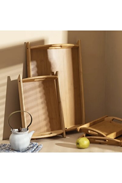 PUFO Set of 3 Serve bamboo wooden serving trays with handles, brown, 51 cm