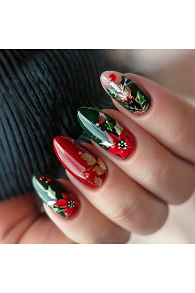 Accessories Hei Kırmızı Yılbaşı Temalı Kendinden Yapışkanlı Takma Tırnak Seti 24 Adet