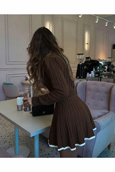 Lusin Women's Polo Neck Stylish Sweater Skirt Double Knitwear Set - Bitter Brown