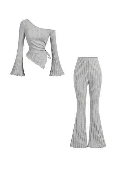 poswicon طقم بلوزة إسبانية بكتف واحد غير متماثل وبنطلون واسع الساق بخصر مرتفع...