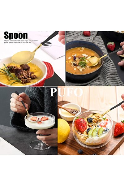 PUFO Set of 2 Luxury dessert, fruit, tea serving spoons, steel, 15.5 cm, gold/black