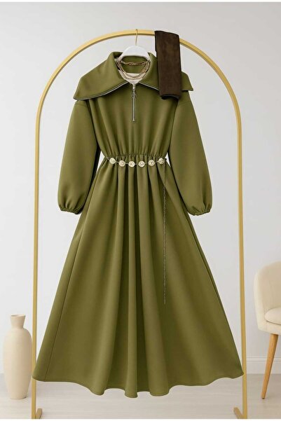 MODA VEDAT Women's Collar Zipper Detailed Scuba Dress -0580