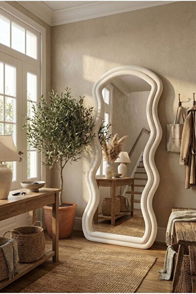 TodekHome Ayaklı Kumaşlı Boy Aynası - Modern Dalgalı Tasarım Büyük Boy Ayna (...