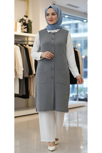 MODA Πλεκτό γιλέκο χιτζάμπ με κουμπιά μπροστά, τσέπες 99 εκ., λεπτομέρειες κα...