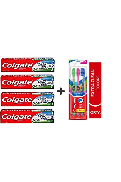 Colgate Diş Macunu Üçlü Etki 100 ml x 4 Adet + Extra Clean Colors Diş Fırçası...