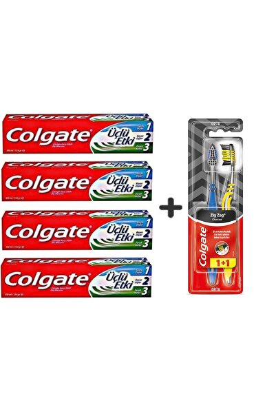 Colgate معجون أسنان ثلاثي التأثير 100 مل × 4 قطع + فرشاة أسنان زيج زاج بالفحم...