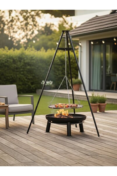 Padilon Ateş Çukurlu Mangal Tripod Izgara Ayarlanabilir Zincirli Mangal