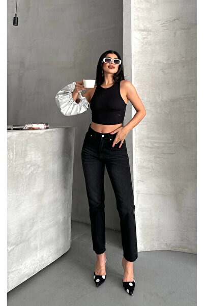 Modanevar بنطلون جينز من Mom fit Enzim بتصميم شارب وغسيل حجري باللون الأسود D2006