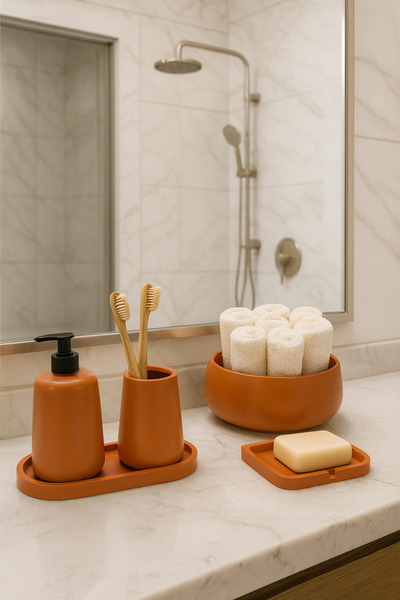 Zigzag Home Dekoratif 5 Parça Bohem Tarz Banyo Seti Sıvı Sabunluk Katı Sabunluk Diş Fırçalık Tepsi ve Havluluk