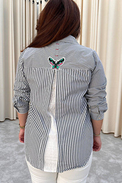 Qaju Women's Lace and Butterfly Patterned 100% Cotton Shirt - Black