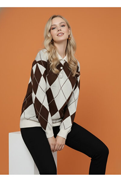 meday Clothing Lux Vintage Baklava Patterned, Polo Neck, Premium Knitwear Sweater