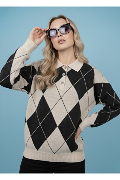 meday Clothing Lux Vintage Baklava Patterned, Polo Neck, Premium Knitwear Sweater