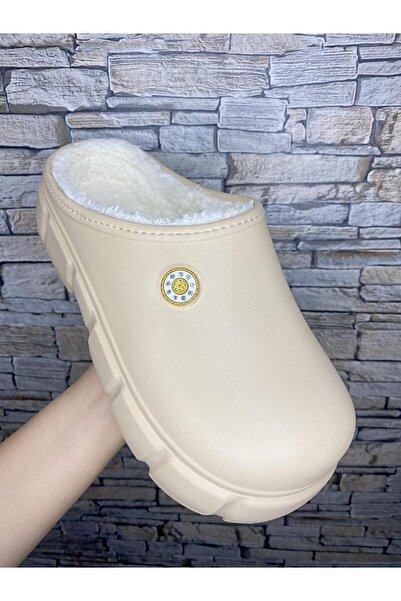 PLN SHOES Kadın İçi Tüylü Taşlı Teddy Terlik Rahat Kalıp Önü Kapalı Kışlık Ev Ofis Terliği