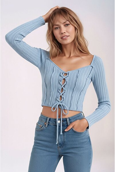 MAMAYAGA Women's Round Neck Front Lace up Long Sleeve Corded Fabric Crop Length Sporty Stylish Blouse