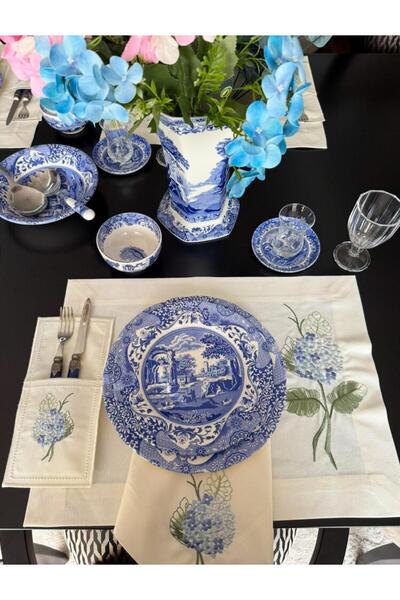 NC Home Design Blue Cornales American, husă pentru șervețele și furculiță/linguriță 3 piese - pentru 2 persoane