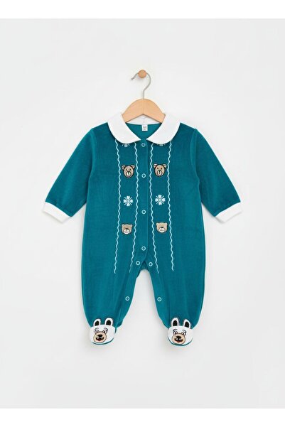 Bebemio Boutique Unisex Ayıcık Ve Çiçek Nakışlı Kadife Çıtçıtlı Bebek Tulumu 3-6 Aylık