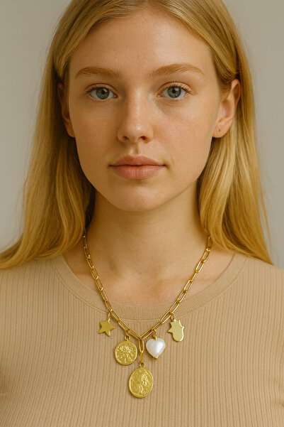 EZG AKSESUAR Charmlı Ataç Zincir Çelik Kolye